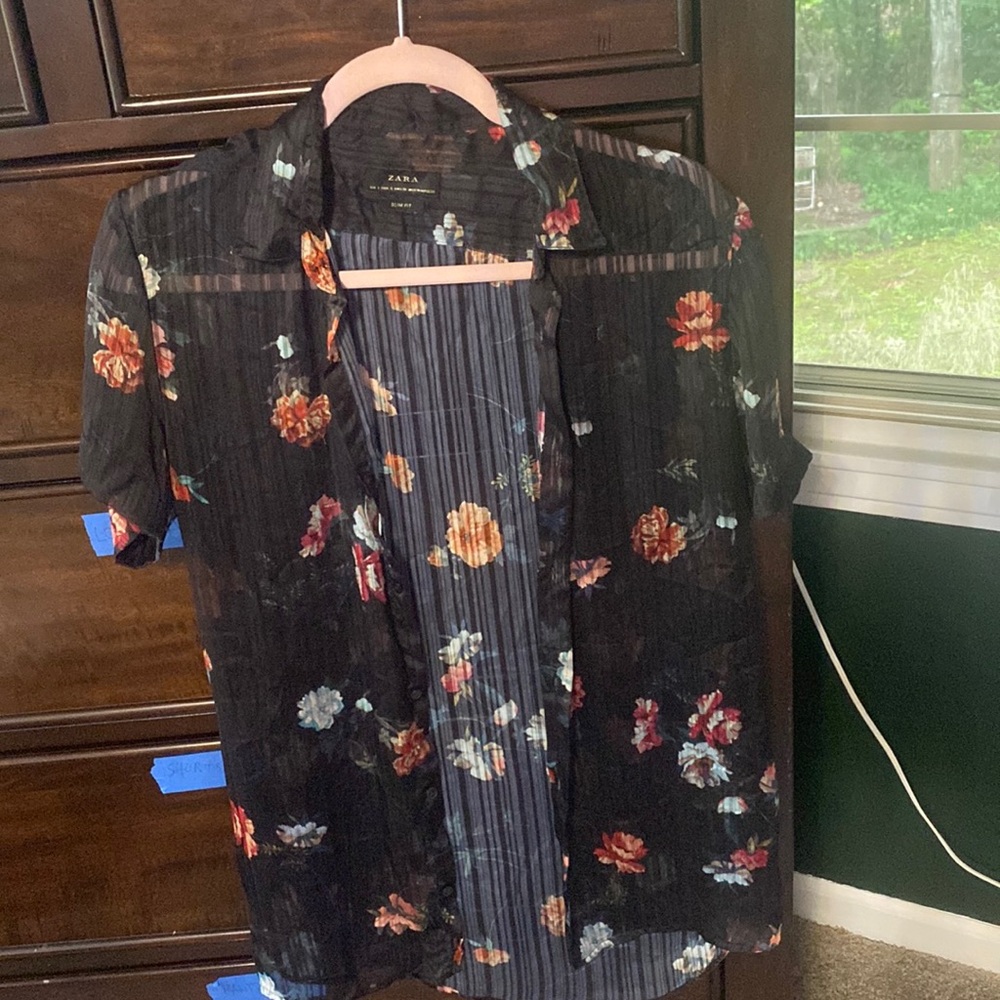 Zara sheer silk blouse with stripes and floral motif